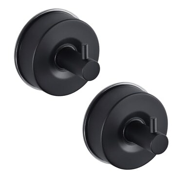 JOMOLA Stainless Steel Bathroom Suction Hooks No Drill AdhesiveFree Wall Mount for Shower Towel Robe Rustproof Metal Hardware with DamageFree Grip Matte Black 2Pack