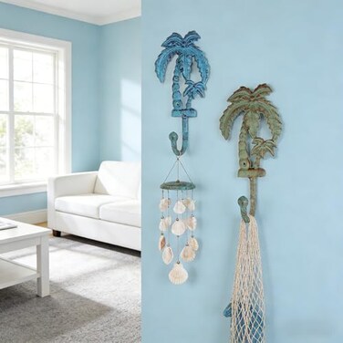 Neletao Cast Iron Hooks Outdoor Towel HooksPalm Tree Coat Hooks Wall Mount Green Blue 2PCS