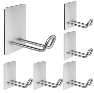 Quavzotu Self Adhesive Hooks Heavy Duty Large Stainless Steel Towel Hooks No Drill Sticky Hooks Long Stick on Shower Wall Hooks for Hanging Hat Coat Key Headphone Silver6Pcs