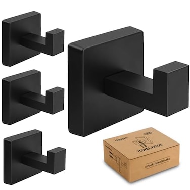 Uopyeri 4 Pack Matte Black Towel Hooks for Bathroom Heavy Duty 33lb Stainless Steel Wall Hooks Modern Square Robe Hook Screw Mounted for Hanging Coats Hats Bags Rustproof Hardware