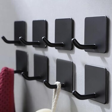 YIGII Adhesive Wall Hooks Sticky on Hooks No Damage Towel Hooks Heavy Duty Stainless Steel 8 Pack Matte Black
