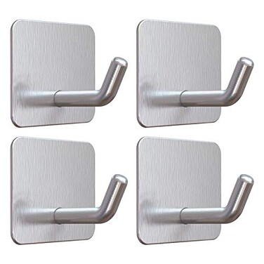 VIS'V VISV Adhesive Hooks Heavy Duty Shower Wall Stick on Hooks Waterproof 2 Extra Adhesive Strips Silver 4 Pcs