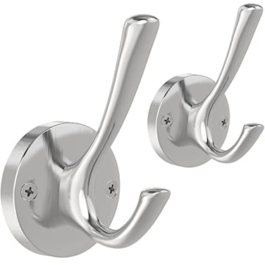 TOFIIGREM Brushed Nickel Wall Hooks Towel Hooks 2 Pack Coat Robe Hook Heavy Duty Bathroom Double Hook Wall Mounted Hand Towel Hooks for Closet Entryway Cubicle Kitchen