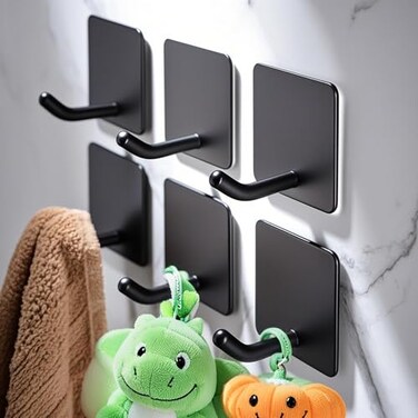 DELITON 6 Pack Towel Hooks for Hanging Adhesive Hooks Stick on Wall for Bathroom Kitchen Heavy Duty Stainless Steel Black