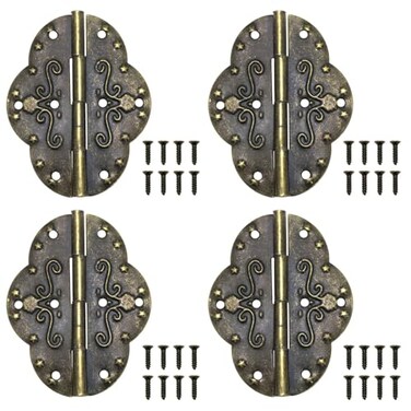 Dsjnf Bronze Iron Decorative Hinges Decorative Cabinet Hinges Jewelry Box Hinge Antique Oval Relief Hinge Bronze for Wooden Jewelry Box Cases 4pcs