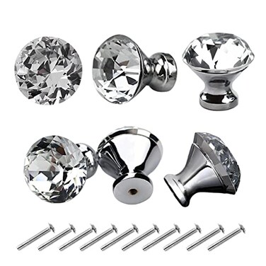 HOSL 10Pcs Cabinet Knobs 12 Dresser Knob Crystal Glass Drawer Pulls and Knobs Diamond Shape Silver Knobs for Kitchen Cupboard Bathroom Pull Handles 30mm Clear