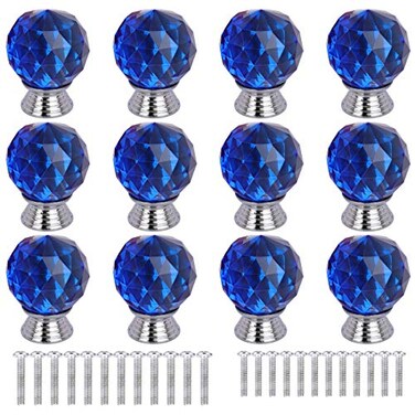ANJUU 12 Pcs 30mm Round Shape Crystal Glass Cabinet Knobs with Screws Drawer Knob Pull Handle Used for Kitchen Dresser Door CupboardBlue