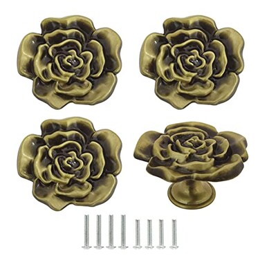 brandname Rose Flower Knobs 4 Pcs Metal Flower Shaped Cabinet Drawer Pulls Zinc Alloy Single Hole Handle with Screws Brone Rose