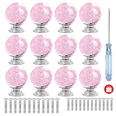 ANJUU 12 Pcs 30mm Round Shape Bubble Crystal Glass Cabinet Knobs with Screws Drawer Knob Pull Handle Used for Kitchen Dresser Door Cupboard Pink