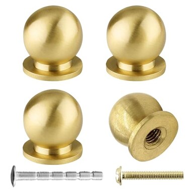 AUXBC Mini Round Solid Brass Knobs 34 Inch 19mm Diameter Antique Metal Cabinet Drawer Pulls Modern Kitchen Dresser Handle Knobs for Kitchen Jewelry Box with Screws Brushed Gold 4PCS