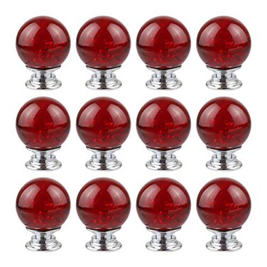 BNYZWOT 12 PCS Crystal Cabinet Knobs Round Glass Bubbles Knobs Smooth Drawer Pulls Handle for Home Cabinet Drawer and Dresser with 3 Different Size Screws 30MM Red