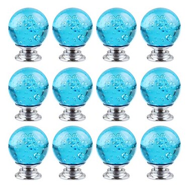 BNYZWOT 12 PCS Crystal Cabinet Knobs Round Glass Bubbles Knobs Smooth Drawer Pulls Handle for Home Cabinet Drawer and Dresser with 3 Different Size Screws 30MM Sky Blue