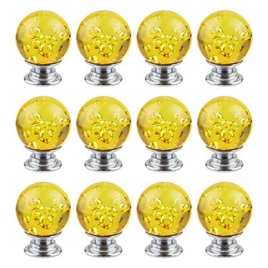 BNYZWOT 12 PCS Crystal Cabinet Knobs Round Glass Bubbles Knobs Smooth Drawer Pulls Handle for Home Cabinet Drawer and Dresser with 3 Different Size Screws 30MM Yellow