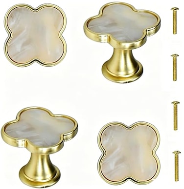 Brosay 4 Pcs Clover Cabinet Knobs FourLeaf Drawer Handles Zinc Alloy Flower Drawer Pulls Gold Vintage Knobs with Screws for Kitchen Wardrobe Bathroom Office Ink