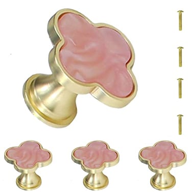 Brosay 4 Pcs Clover Cabinet Knobs FourLeaf Drawer Handles Zinc Alloy Flower Drawer Pulls Gold Vintage Knobs with Screws for Kitchen Wardrobe Bathroom Office Pink