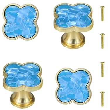 Brosay 4 Pcs Clover Cabinet Knobs FourLeaf Drawer Handles Zinc Alloy Flower Drawer Pulls Gold Vintage Knobs with Screws for Kitchen Wardrobe Bathroom OfficeLight Blue
