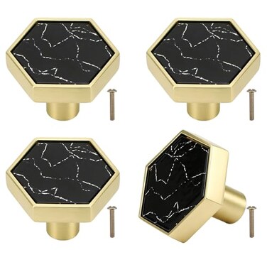 Brosay 4 Pcs Hexagon Cabinet Knobs Zinc Alloy Drawer Pulls with Screws for Kitchen Bathroom Office Marble Closet Door Dresser Drawers Knobs Black