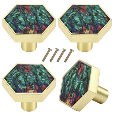 Brosay 4 Pcs Hexagon Cabinet Knobs Zinc Alloy Drawer Pulls with Screws for Kitchen Bathroom Office Marble Closet Door Dresser Drawers KnobsWatercolor
