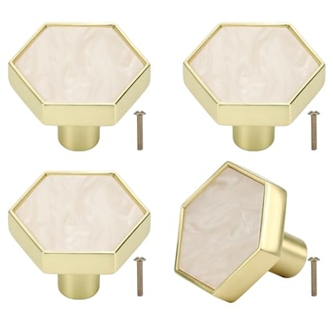 Brosay 4 Pcs Hexagon Cabinet Knobs Zinc Alloy Drawer Pulls with Screws for Kitchen Bathroom Office Marble Closet Door Dresser Drawers KnobsWhite