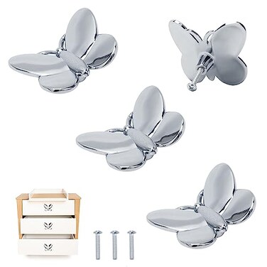 Brosay Silver Butterfly Drawer Knobs Kitchen Hardware for Cabinets Cute Animal Dresser Knobs Furniture Cupboard Handles Single Hole Cabinet Knobs 4 Pcs Silver