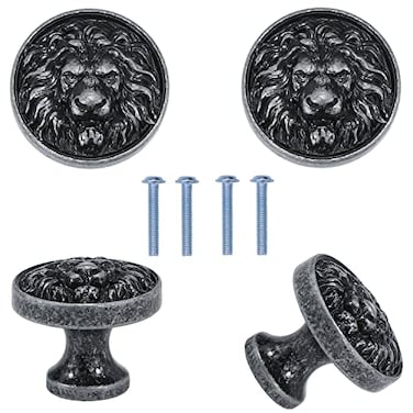 Brosay Cabinet Knobs Antique Lion Head Drawer Pulls Gold Animal Knobs Dresser Drawer Knobs and Pulls Single Hole for Kitchen Cupboard Handles 4 Pcs Antique Silver