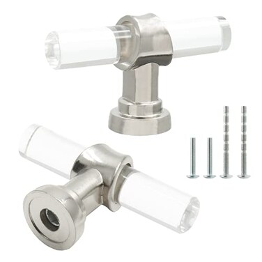 Cionyce 5 Pack Acrylic Kitchen Cabinet Handles Knobs Brushed Nickel Drawer Knobs T Bar Silver Cabinet Pulls for Dresser Drawers Cupboard Wardrobe 238 Overall Length