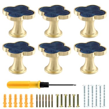 Cionyce 6 Pack Clover Cabinet Knobs Zinc Alloy Single Hole PullsFourLeaf Clover Drawer Handles for DresserWardrobeVanity6pcsBlue