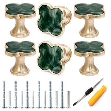 Cionyce 6 Pack Clover Cabinet Knobs Zinc Alloy Single Hole PullsFourLeaf Clover Drawer Handles for DresserWardrobeVanity6pcsGreen