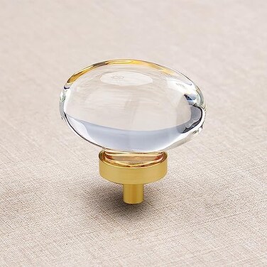 CLCTK 4 Pack Glass Cabinet Knobs and Pulls Oval Crystal Knobs for Dresser Drawers Satin BrassGold Kitchen Cabinet Knobs Egg Shape