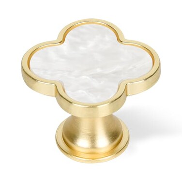 Dechours Clover Cabinet Knobs 6 Pack 33mm Brushed Gold Drawer Knobs with White PearlLook Inlay Decorative Gold Knobs for Cabinets Drawers Dressers