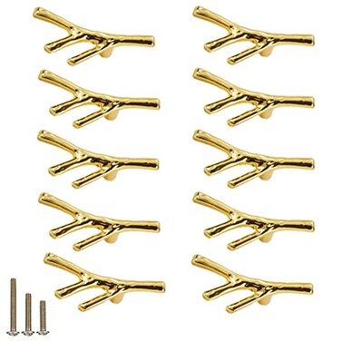 ESreake 10pcs Branch Knobs Vintage Tree Twig Branch Cabinet Knobs Pull HandlesZinc Alloy Drawer Single Hole Handle for Farmhouse Cabin Mountain House Kitchen Cupboard Single Hole 10 Pack Gold