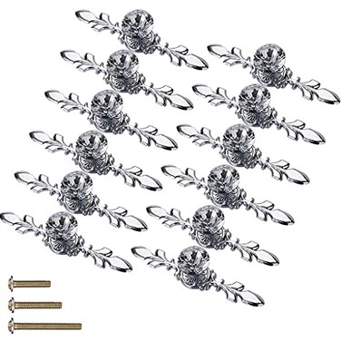 ESreake 12 Pack Silver Diamond Clear Crystal Glass Decorative Knobs with PlateDrawer Dresser Knobs Pulls Handles with 3 Kinds of Screws for Kitchen Bathroom Office Decoration 12 Pack Small Silver