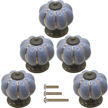 ESreake Yusheng 5 Pack Vintage Ceramic Pumpkin Cabinet Knobs Kitchen Cabinet Drawers Dresser Cupboard Pull Handles Door Pulls with 3 Kinds of Screws 5 Pack Lake Blue