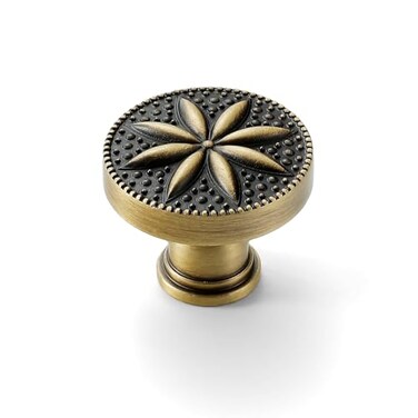 FLIRABBIT BlackGold Brass Cabinet Knobs Antique Brass Modern Carved Gold Handle Round Drawer Flower Pull Cupboard Kitchen Bathroom Closet Hardware B Type 2