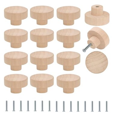 FoDau770 15pcs Unfinished Wood Knobs Flat Top Round Cabinet Knobs Vintage Drawer Pulls Natural Wooden Cabinet Hardware for Furniture Drawer Dresser Wardrobe Cupboard 112 Diameter