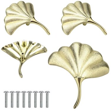 Brosay Furniture Knob Pull Handles Gold Ginkgo Leaf Shape Dresser Knobs for Kitchen Bathroom Cabinet Door Drawer DoubleHole Hardware Pulls 4 Pcs Gold