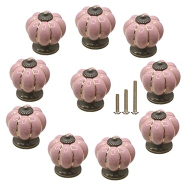 GDQLCNXB 10 Pack Vintage Ceramic Pumpkin Cabinet Knobs Kitchen Cabinet Drawers Dresser Cupboard Pull Handles Door Pulls with 3 Kinds of ScrewsPink