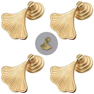 Geenite 4 pcs Golden Drop Pendant Pull Handle Ginkgo Leaf Shape Knobs for Kitchen Bathroom Bedroom Cabinet Door Drawer Furniture Knob Handles Gold
