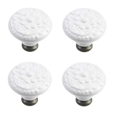 Geesatis 4 Pcs Ceramic Cabinet Kitchen Knobs Handles Vintage Round Single Hole Knobs for Drawer Cupboard Closet with Mounting Screws White