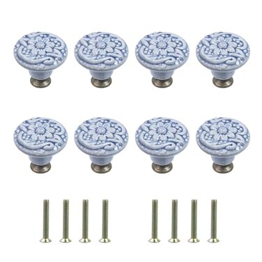 Geesatis 8 Pcs Round Ceramic Drawer Knobs Cabinet Furniture Handle Vintage Flower Pattern Knobs with Mounting ScrewsBlue