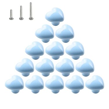 HUAMULAN 15PCS Glossy Ceramic Knobs Heart Shape Cabinet Dresser Pulls Door Handles Cupboard Wardrobe DrawerBlue
