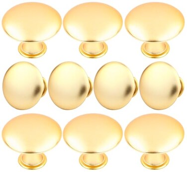 HUGOLEM 10 Pack Golden Plated Round Shining Kitchen Cabinet Knobs Cupboard Door Knobs Drawer Handle Pulls Dresser Knobs with 10 Pcs Screws for Bathroom Drawer Door Hardware