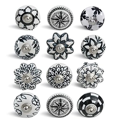 INDIAN ARTISTIC Handmade Ceramic Cabinet Knobs Set of 12 Boho Cabinet Knobs for Drawers Kitchen Dresser Closet Interior Doors Black White Ceramic