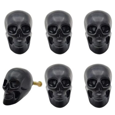 JfwuHap 6Pcs Cabinet Handles Skull Head Cabinet Pulls Drawer Handles Black Skeleton Drawer Knobs Solid Metal Base Furniture Handle Single Hole Pull for Home Cabinets Dressers Drawers Cupboard A