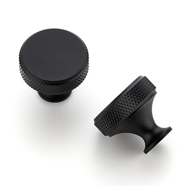 JOY DECOR 5 Pack Matte Black Kitchen Cabinet Hardware Knobs Round Solid Knurled Handles Single Hole Drawer Knobs for Cabinet Furniture Black Dresser Pulls
