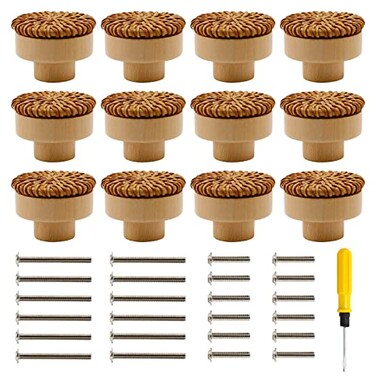 Junwapy 12 Pack Boho Rattan Dresser Knobs Durable Handmade Wooden Drawer Knobs Handmade Wicker Weave Pulls for Cabinets Furniture