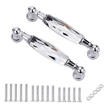 JUXYES Pack of 2 Crystal Cabinet Handles Pulls Chrome Silver Glass Handle Decorative Drawer Pulls Modern Cupboard Door Handle Knobs for Dresser Drawer Cabinet Closet 375