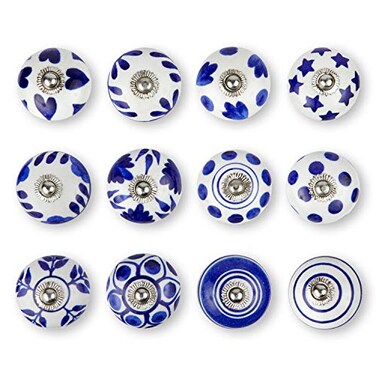 KnobKnob Set of 12 Handmade Ceramic Knobs 3 Colour Design Ceramic Cabinet Knobs Drawer Pulls for Home Kitchen Bathroom or Office Drawer Knobs Comes with Wrench Screw Cap Extra Screws Blue