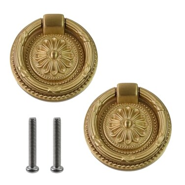 KUMGROT 2 Pcs Antique Drawer Pulls Brass Drop Ring Handles Embossed Cabinet Knobs Dresser Knobs Drawer Ring pulls Cupboard Knob with Round Plate Type 1