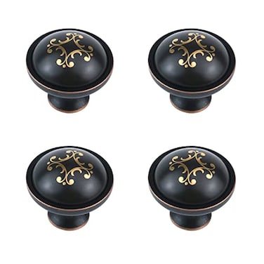 KUMGROT Black Cabinet Knobs with Gold Prints Antique Ceramic Drawer Pulls Kitchen Cabinets Dresser Drawers Hardware for Bathroom Bedroom Office 4 Pcs